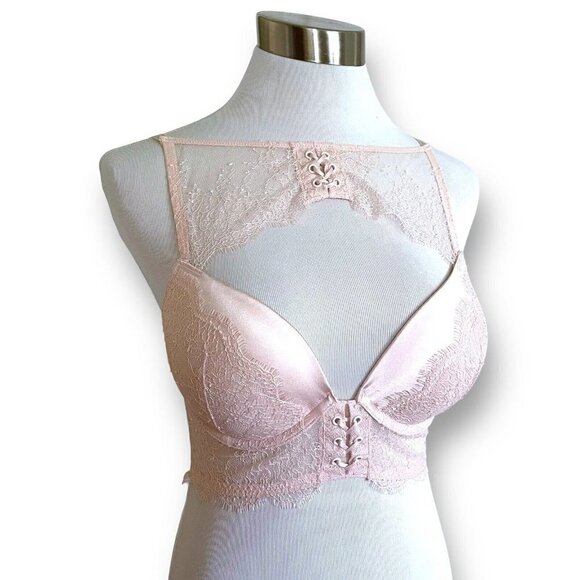 Victorias Secret Very Sexy Push Up Bra 32D Ballet Pink Lace High Neck Longline - Picture 3 of 9